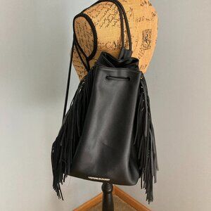 Victoria’s Secret Black Faux Leather Fringe Drawstring Backpack Tote Bucket BAg